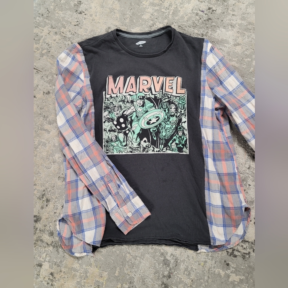 Custom One-of-a-Kind Marvel Graphic Tee with Hand-Sewn Plaid Long Sleeves